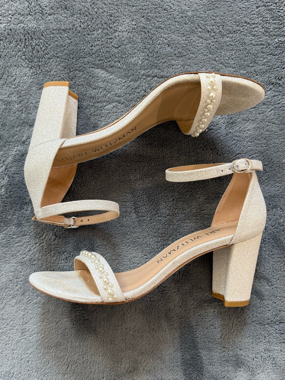 Stuart Weitzman Nearly Nude White Demipearl Heels